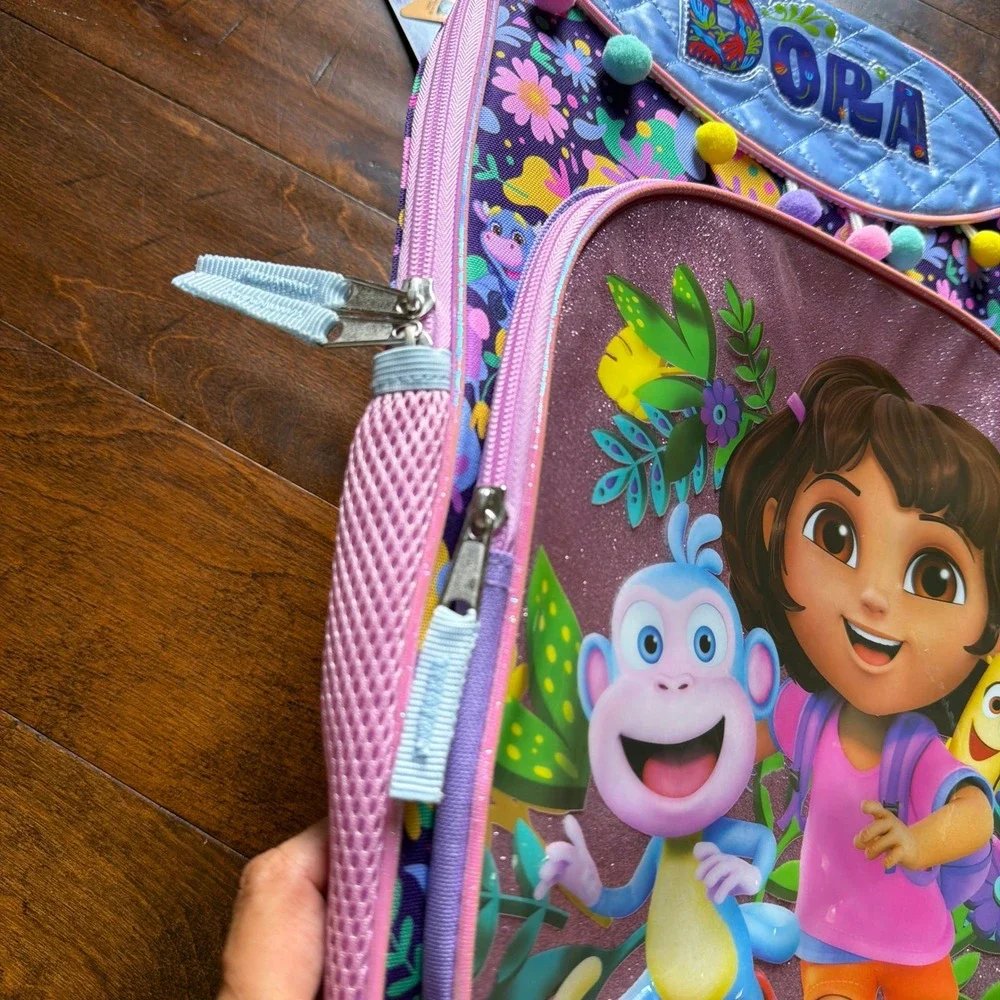 Nickelodeon Dora the Explorer Full Size School Backpack Purple Pink Pom Poms
